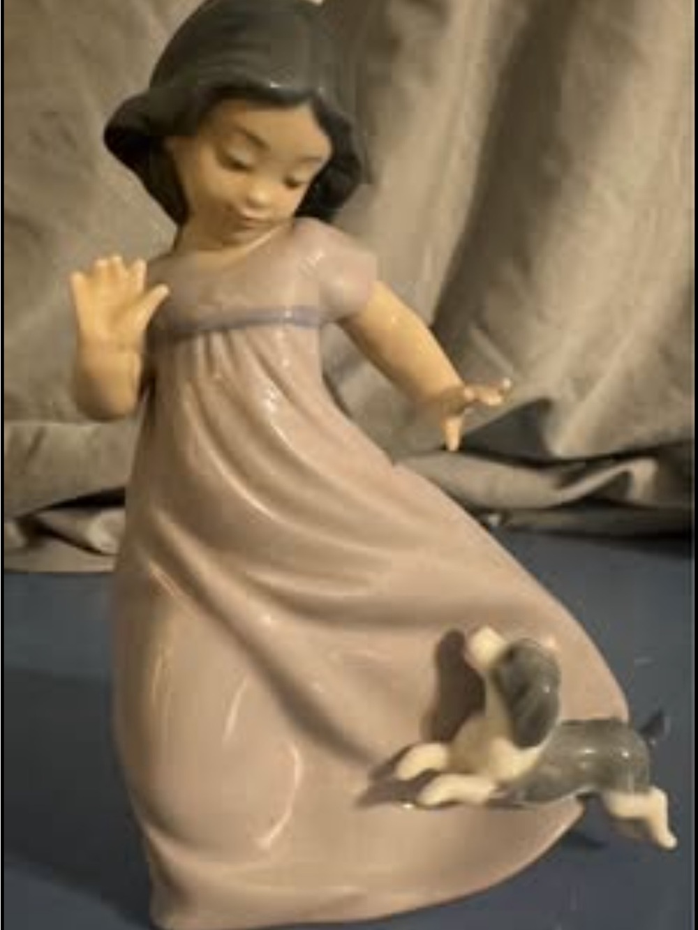Porcelain Girl Figurine in Soft Lavender Dress with Puppy